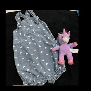 Carter’s one piece denim heart romper plus unicorn build a bear plushy.